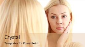  Presentation with caring - PPT theme having woman caring of her beautiful skin on the face standing near mirror background and a coral colored foreground
