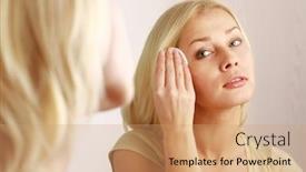  Presentation with caring - PPT theme having woman caring of her beautiful skin on the face standing near mirror background and a coral colored foreground
