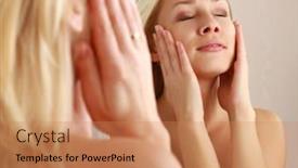  Presentation with caring - PPT theme featuring woman caring of her beautiful skin on the face standing near mirror background and a coral colored foreground