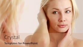  Presentation with caring - Slide deck with woman caring of her beautiful skin on the face standing near mirror background and a coral colored foreground