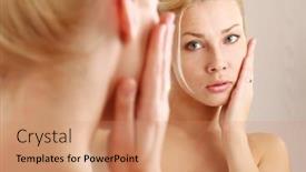  Presentation with caring - Theme enhanced with woman caring of her beautiful skin on the face standing near mirror background and a coral colored foreground