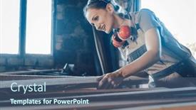  Presentation with storage - Theme consisting of woman-carpenter-choosing-wood background and a ocean colored foreground