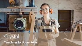  Presentation with carpenter - Beautiful PPT theme featuring woman-carpenter-in-traditional-carpentry backdrop and a coral colored foreground