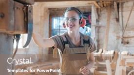  Presentation with carpenter - PPT theme featuring woman-carpenter-in-traditional-carpentry background and a coral colored foreground