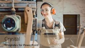  Presentation with carpenter - PPT layouts enhanced with woman-carpenter-in-traditional-carpentry background and a coral colored foreground