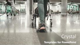  Presentation with airport terminal - Presentation theme having woman-carry-luggage-cart-walk background and a gray colored foreground