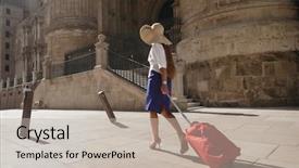  Presentation with sad woman walking - Colorful PPT theme enhanced with woman carrying suitcase while walking backdrop and a  colored foreground