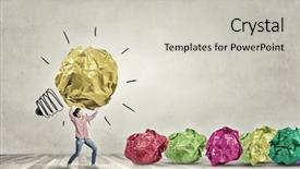  Presentation with effort - Amazing slide deck having woman carrying with effort big crumpled ball of paper as creativity sign backdrop and a soft green colored foreground