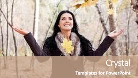  Presentation with autumn leaves falling - Beautiful theme featuring woman catching the maple leaves backdrop and a coral colored foreground