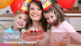  Presentation with birthday kids - Beautiful PPT theme featuring woman celebrating a birthday with her kids backdrop and a coral colored foreground