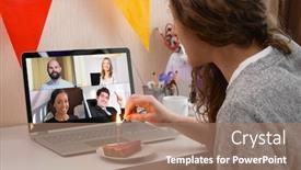  Presentation with virtual party - PPT theme consisting of woman-celebrating-her-birthday-through background and a coral colored foreground