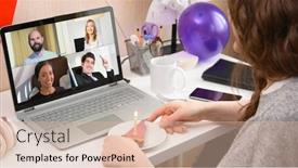  Presentation with virtual party - Slide deck with woman-celebrating-her-birthday-through background and a lemonade colored foreground