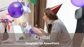  Presentation with virtual party - Beautiful PPT theme featuring woman-celebrating-her-birthday-through backdrop and a gray colored foreground