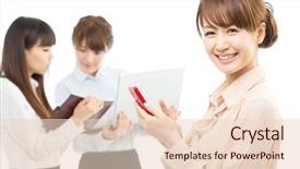  Presentation with asian - Colorful presentation design enhanced with woman cell group - beautiful asian businesswomen isolated backdrop and a  colored foreground