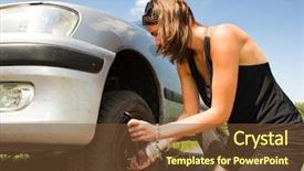  Presentation with car flat tire - Presentation enhanced with woman changing a flat tire background and a tawny brown colored foreground