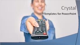  Presentation with television - Cool new presentation design with woman-changing-television-channel-holding backdrop and a light gray colored foreground
