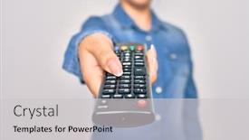  Presentation with television - Audience pleasing slide deck consisting of woman-changing-television-channel-holding backdrop and a light gray colored foreground