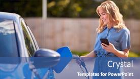  Presentation with electric cable - Presentation featuring woman-charging-electric-car background and a ocean colored foreground