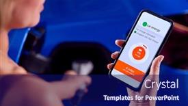  Presentation with electric car battery - Presentation theme featuring woman-charging-electric-car background and a navy blue colored foreground