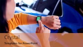  Presentation with electric car battery - Presentation theme having woman-charging-electric-car background and a coral colored foreground