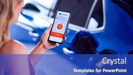  Presentation with electric cable - Presentation design enhanced with woman-charging-electric-car background and a cobalt blue colored foreground