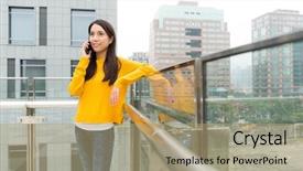 Presentation with chat - Slide set with woman chat with mobile phone at outdoor background and a coral colored foreground