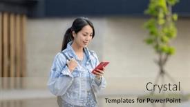  Presentation with phone - Presentation design having woman-check-on-mobile-phone background and a light gray colored foreground