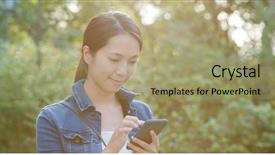  Presentation with smart - Slide set having woman check on smart phone background and a mint green colored foreground