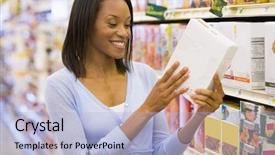  Presentation with food label - Presentation featuring woman checking food labelling background and a light blue colored foreground