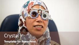  Presentation with eyes - Audience pleasing PPT theme consisting of woman-checking-her-eyes backdrop and a tawny brown colored foreground