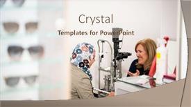  Presentation with eyes - Presentation theme having woman-checking-her-eyes background and a sky blue colored foreground