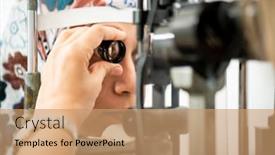  Presentation with eyes - PPT theme featuring woman-checking-her-eyes background and a coral colored foreground