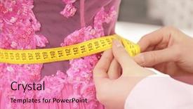  Presentation with measurement - Audience pleasing theme consisting of woman checking measurement of evening backdrop and a coral colored foreground
