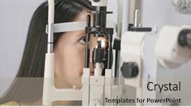  Presentation with examination - PPT layouts having woman checking on her eye background and a light gray colored foreground