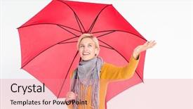  Presentation with under umbrella - Slide set featuring woman checking to see if its raining while under her umbrella background and a coral colored foreground
