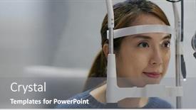  Presentation with checks - Presentation design with woman-checks-her-eyes background and a gray colored foreground