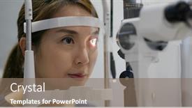  Presentation with checks - Cool new slide deck with woman-checks-her-eyes backdrop and a violet colored foreground