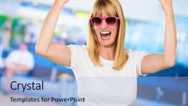  Presentation with airport - Presentation enhanced with woman cheering at the airport background and a  colored foreground