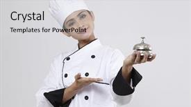  Presentation with bell service - Cool new presentation theme with woman chef holding a silver backdrop and a  colored foreground
