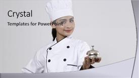  Presentation with bell service - Colorful PPT theme enhanced with woman chef holding a silver backdrop and a  colored foreground
