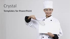  Presentation with chef - Audience pleasing PPT layouts consisting of woman chef holding wire whisk and placard backdrop and a light gray colored foreground