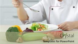  Presentation with vegetable oil - PPT theme having woman chef pouring oil on plate with vegetable salad background and a mint green colored foreground