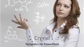  Presentation with chemical - Amazing PPT theme having woman chemist working with chemical formulas on grey background backdrop and a light gray colored foreground