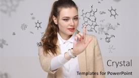  Presentation with chemical - Theme having woman chemist working with chemical formulas on grey background background and a coral colored foreground