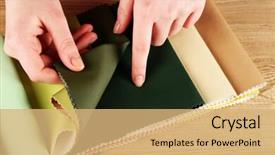  Presentation with tissue - Slide set with woman chooses scraps of colored tissue on table close up background and a coral colored foreground