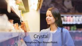  Presentation with food label - Slide set with woman choosing and buying food background and a light blue colored foreground