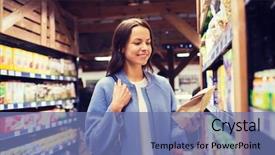  Presentation with food market - Amazing slide deck having woman choosing and buying food backdrop and a ocean colored foreground