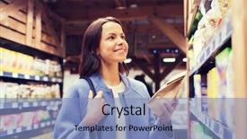  Presentation with market food - Amazing PPT theme having woman choosing and buying food backdrop and a light blue colored foreground