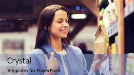  Presentation with food label - Audience pleasing slides consisting of woman choosing and buying food backdrop and a teal colored foreground