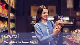  Presentation with market food - PPT layouts with woman choosing and buying food background and a ocean colored foreground